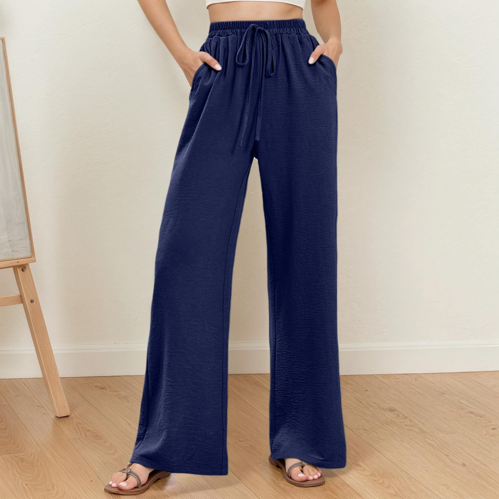 thumbnail image 2 of Pantalones palazzo de cintura alta y pierna ancha para mujer: ligeros, con cordón en la cintura, bolsillos, pantalones casuales de verano., 2 of 5